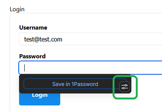 A 1Password dropdown prompt to Save in 1Password with the settings button highlighted.