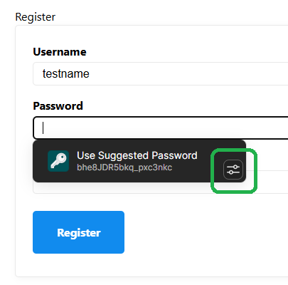 A sign in form with a suggested password displayed in the inline prompt and the settings button highlighted.