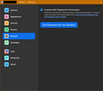 Screenshot of 1Password settings window, on Browser tab.
