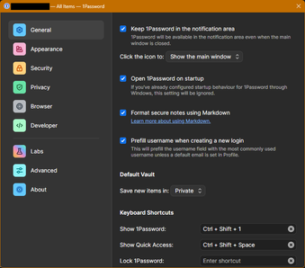 Screenshot of 1Password settings window, on General tab.