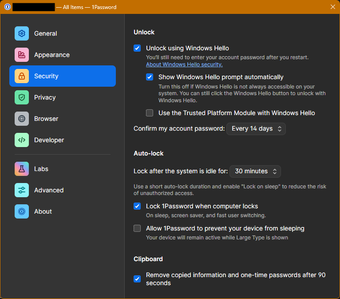 Screenshot of 1Password settings window, on Security tab.