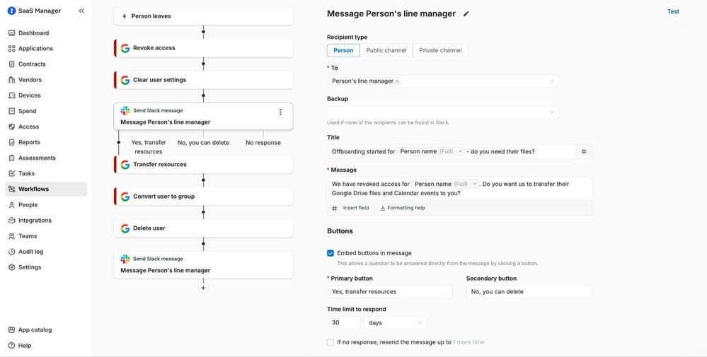 Offboarding workflow with Slack integration to notify line manager