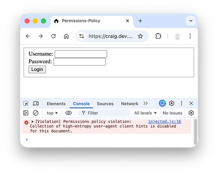 Screenshot showing the permission policy error message