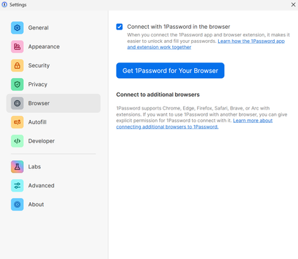 Settings page on Browser tab, missing the "Add Browser" button